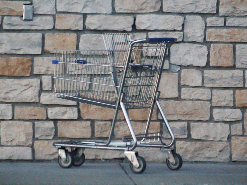 Contact information - gray shopping cart on gray brick wall